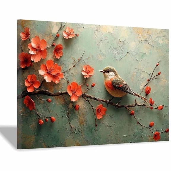 Mudket Framed Canvas Wall Art Red Plum Blossom Branch Colorful Bird Floral Prints Wall Decor Vintage Botanical Canvas Print Ready to Hang for Bedroom Office Wall Pictures - 12"L x 8"W