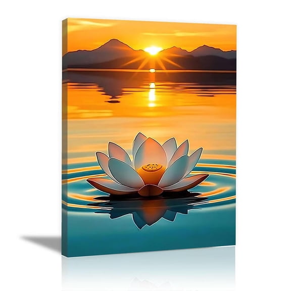 Mudket Framed Canvas Wall Art, Sunset Lake Lotus Flower Landscape Wall Decor, Nature Scenic Waterproof Art Prints for Living Room Bedroom Bathroom Office Home Decor - 12"L x 8"W