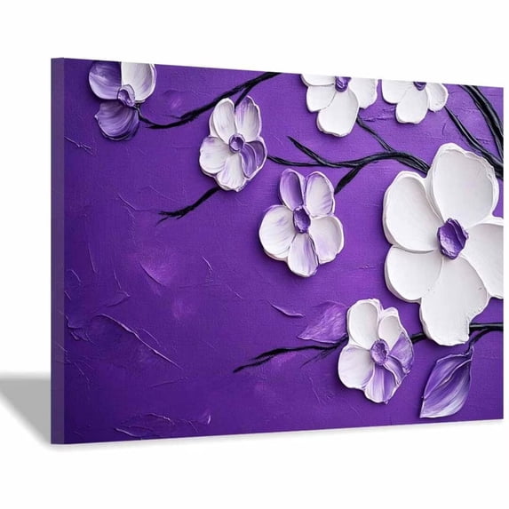 Mudket Framed Canvas Wall Art White Flower Paint Purple Background Prints Wall Decor Vintage Floral Canvas Print Ready to Hang for Living Room Bedroom Farmhouse Decor - 12"L x 8"W
