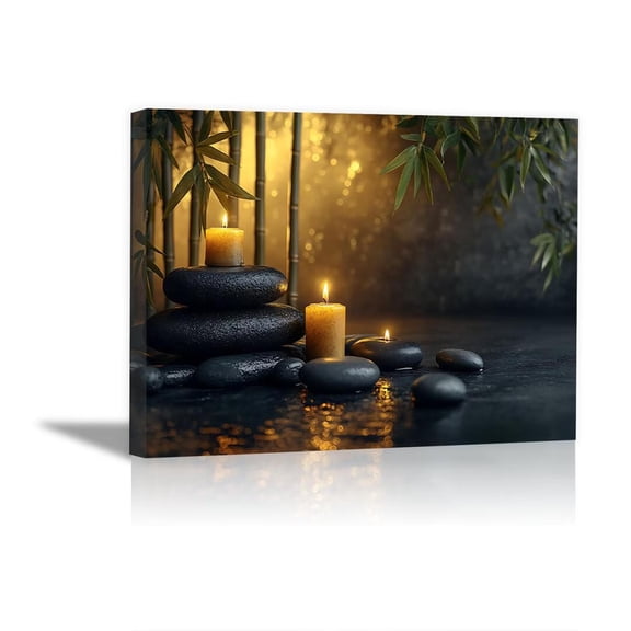 Mudket Framed Canvas Wall Art, Zen Black Stones Candles Bamboo Wall Decor, Relaxing Calming Spa Waterproof Art Prints for Bathroom Bedroom Living Room Office Home Decor - 12"L x 8"W