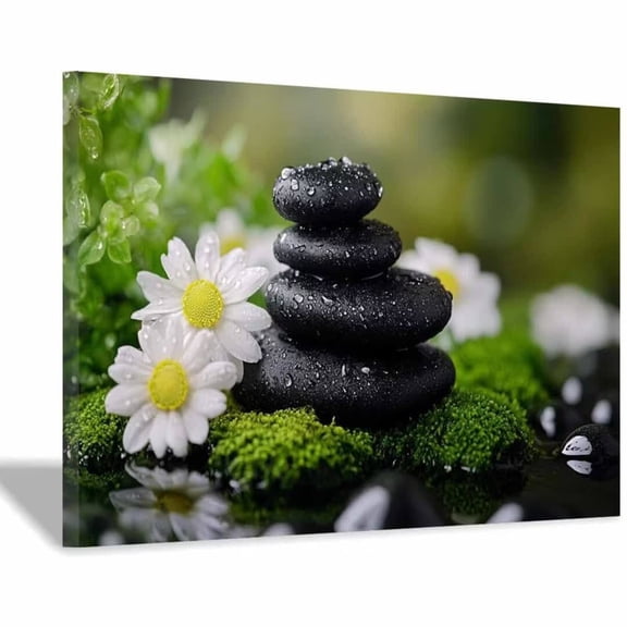 Mudket Framed Canvas Wall Art Zen Stacked Stones White Daisy Moss Water Drop Prints Wall Decor Calming Botanical Canvas Print Ready to Hang for Bathroom Bedroom Relax Wall Decor - 20"L x 16"W
