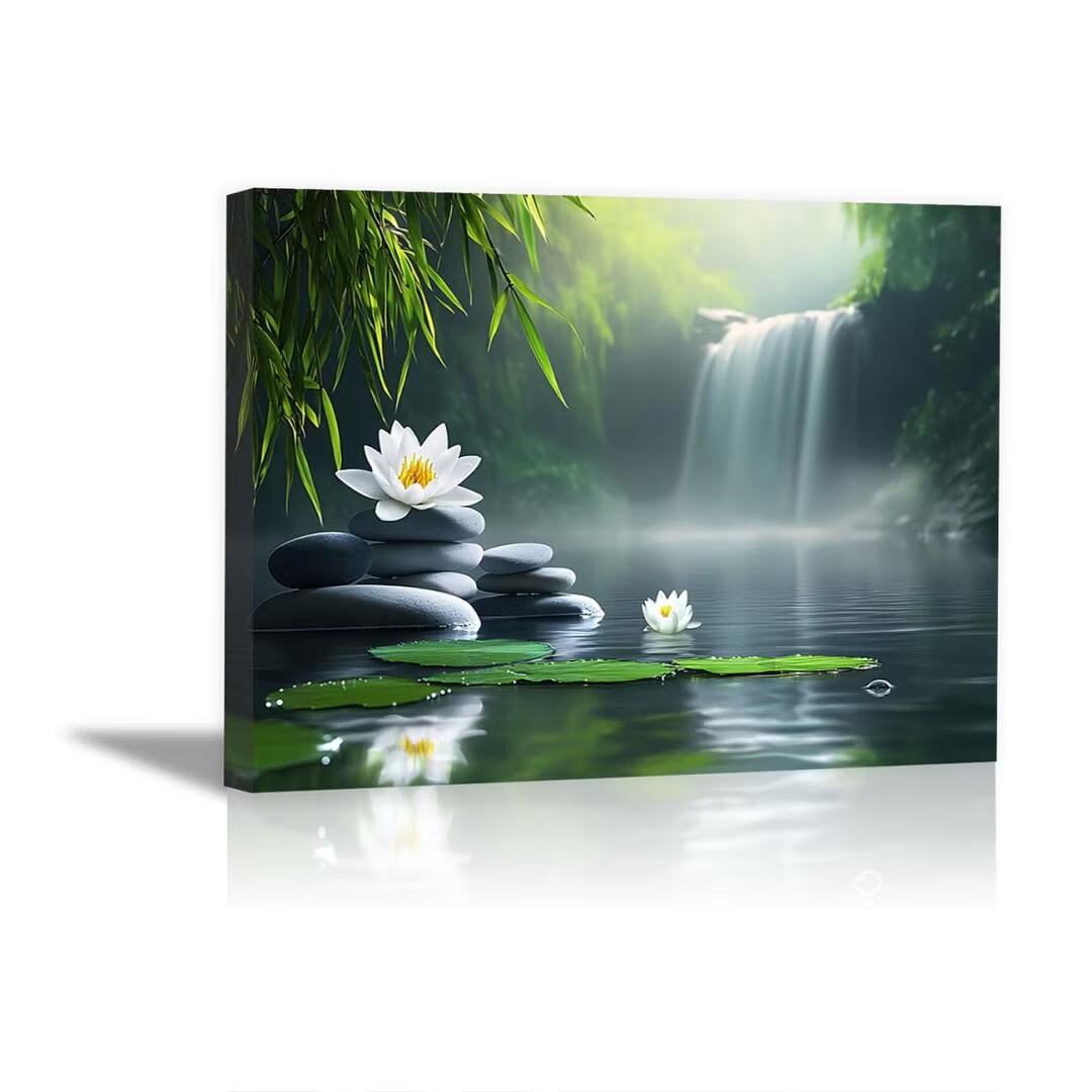 Mudket Framed Canvas Wall Art, Zen Waterfall Lotus Stacked Stones Wall Decor, Serene Spa Nature Waterproof Art Prints for Bathroom Bedroom Living Room Home Wall Decor - 30"L x 20"W