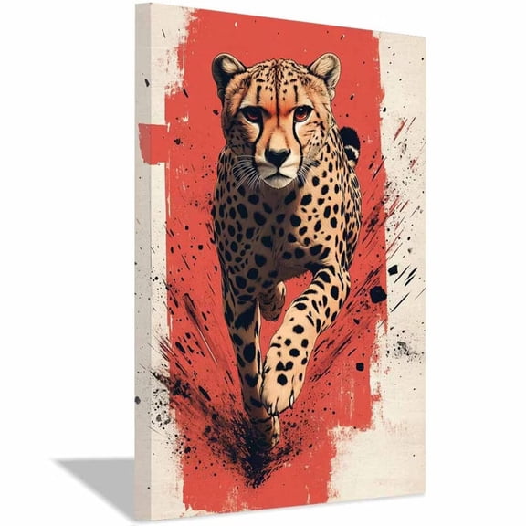 Mudket Framed Cheetah Canvas Wall Art, Running Cheetah on Red Print, Trendy Animal Wall Decor for Living Room Bedroom Office - 12"L x 8"W