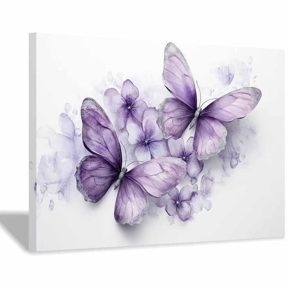Mudket Framed Floral Canvas Wall Art Lavender Purple Butterfly Flower Prints Wall Decor Botanical Canvas Print Ready to Hang for Bedroom Wedding Living Room Decor - 12"L x 8"W