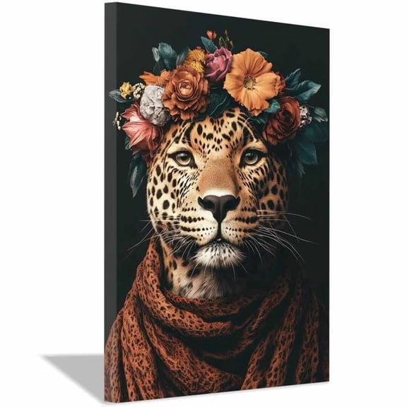 Mudket Framed Floral Leopard Canvas Wall Art, Leopard with Flower Crown and Brown Scarf Print, Vintage Animal Wall Decor for Living Room - 12"L x 8"W