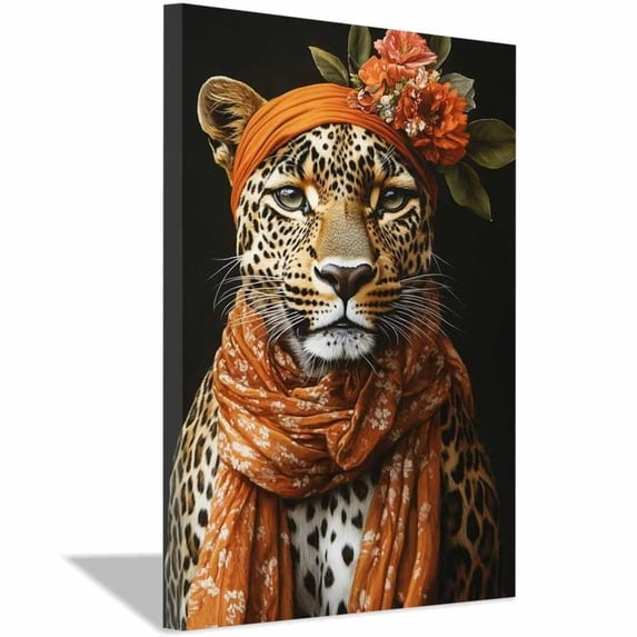 Mudket Framed Floral Leopard Canvas Wall Art, Leopard with Orange Scarf and Flower Crown Print, Elegant Animal Wall Decor for Women - 12"L x 8"W