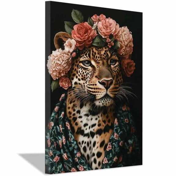 Mudket Framed Flower Crown Leopard Canvas Wall Art, Floral Leopard Print Wall Decor for Women Bedroom, Cute Animal Wall Art - 36"L x 24"W