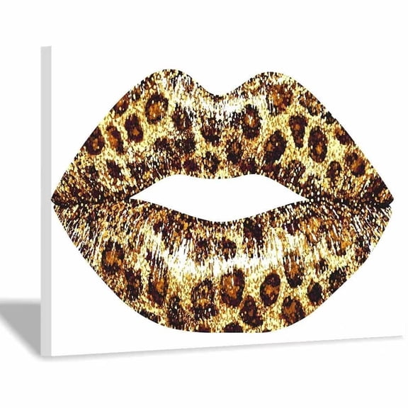 Mudket Framed Gold Leopard Print Lips Canvas Wall Art, Trendy Fashion Wall Decor for Women Bedroom, Funny Leopard Wall Art, Ready to Hang - 12"L x 8"W