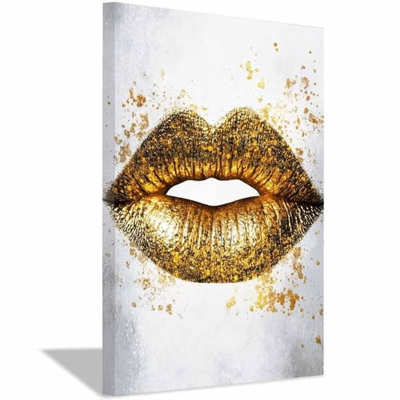 Mudket Framed Gold Lips Canvas Wall Art, Glamorous Glitter Lip Print Wall Decor, Modern Fashion Wall Art Ready to Hang for Women Bedroom Office - 12"L x 8"W