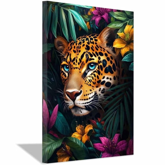 Mudket Framed Jungle Leopard Canvas Wall Art, Leopard with Blue Eyes in Tropical Flowers Print, Trendy Animal Wall Decor for Living Room - 36"L x 24"W