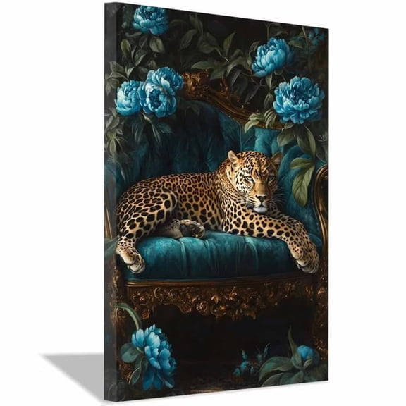 Mudket Framed Leopard on Blue Sofa Canvas Wall Art, Floral Leopard Print Wall Decor, Vintage Animal Pictures Ready to Hang for Living Room - 12"L x 8"W
