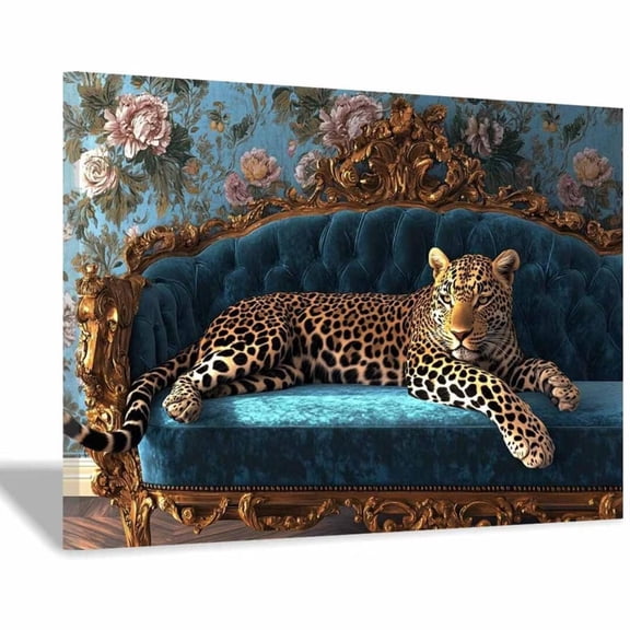Mudket Framed Leopard on Blue Velvet Sofa Canvas Wall Art, Luxury Cheetah Print Living Room Wall Decor, Wild Animal Wall Art Ready to Hang - 12"L x 8"W