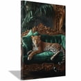 thumbnail image 1 of Mudket Framed Leopard Canvas Wall Art, Leopard on Emerald Green Sofa Animal Print Wall Decor, Luxury Jungle Art Ready to Hang for Living Room - 12"L x 8"W, 1 of 10