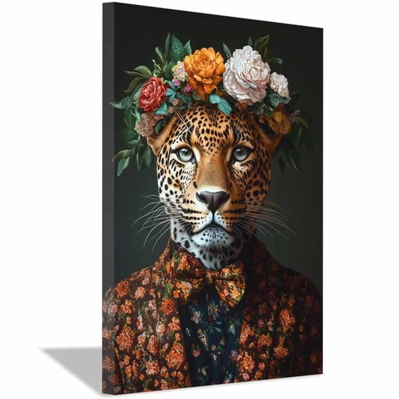 Mudket Framed Leopard Canvas Wall Art, Leopard with Flower Crown & Floral Suit Animal Print Wall Decor, Ready to Hang for Living Room Bedroom - 12"L x 8"W