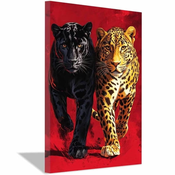 Mudket Framed Leopard Canvas Wall Art, Red Background Animal Print Wall Decor, Bold Art Ready to Hang for Men Bedroom Office - 12"L x 8"W