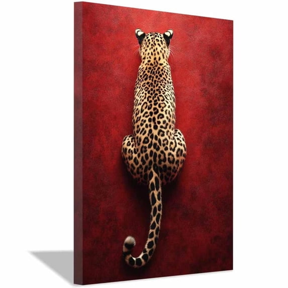Mudket Framed Leopard Canvas Wall Art, Red Background Animal Print Wall Decor, Leopard Print Room Decor Ready to Hang for Living Room Bedroom - 12"L x 8"W