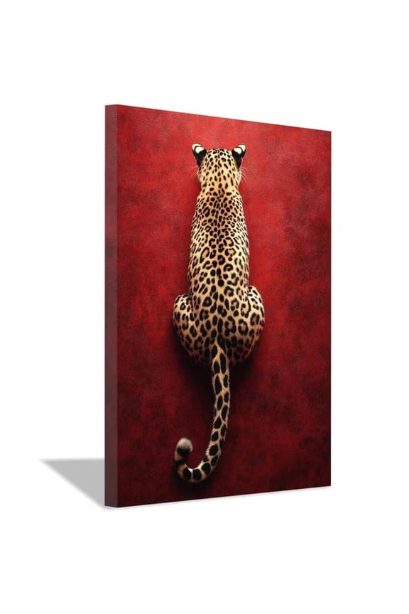 Mudket Framed Leopard Canvas Wall Art, Red Background Animal Print Wall Decor, Leopard Print Room Decor Ready to Hang for Living Room Bedroom - 12"L x 8"W