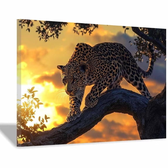 Mudket Framed Leopard Canvas Wall Art, Sunset Cheetah on Tree Branch Wall Decor, Jungle Animal Print Room Decor for Living Room Office, Ready to Hang - 12"L x 8"W