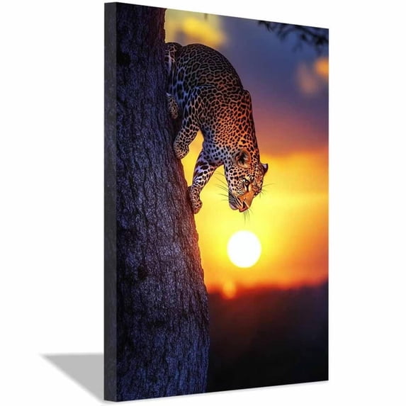 Mudket Framed Leopard Climbing Tree at Sunset Canvas Wall Art, Safari Wildlife Print Wall Decor, Nature Art Ready to Hang for Men Office - 12"L x 8"W