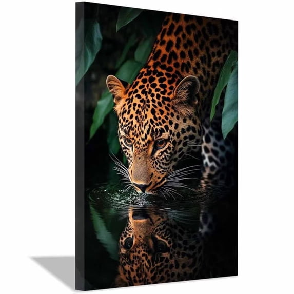 Mudket Framed Leopard Drinking Water Canvas Wall Art, Jungle Wildlife Animal Print Wall Decor, Nature Art Ready to Hang for Living Room Office - 12"L x 8"W
