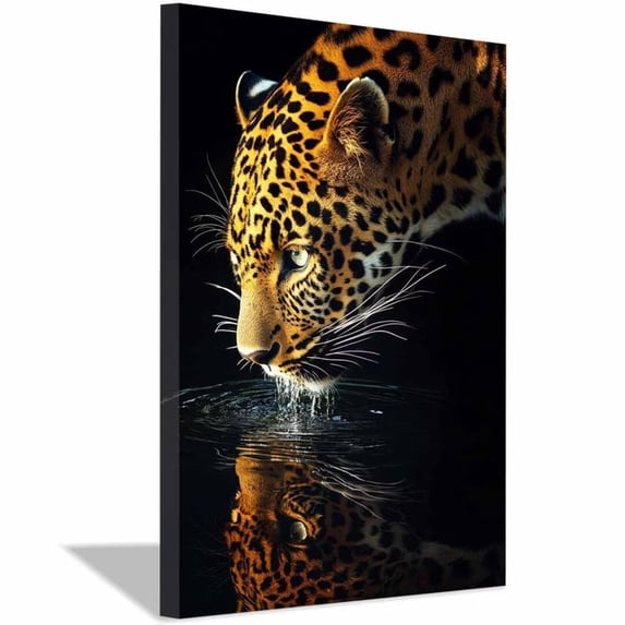 Mudket Framed Leopard Drinking Water Canvas Wall Art, Wildlife Animal Print Wall Decor, Nature Art Ready to Hang for Living Room Office - 12"L x 8"W