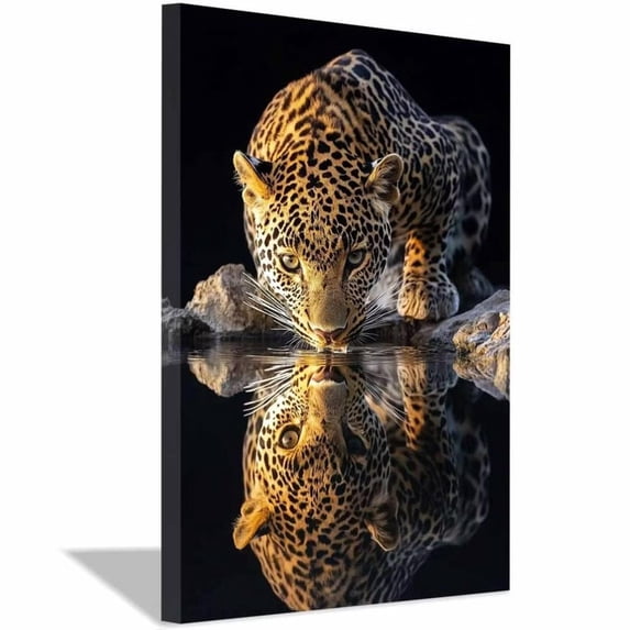 Mudket Framed Leopard Drinking Water Canvas Wall Art, Wildlife Print Wall Decor, Nature Art Ready to Hang for Office Living Room - 12"L x 8"W
