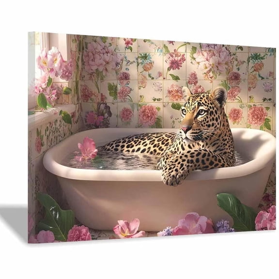Mudket Framed Leopard in Floral Tile Bathroom Canvas Wall Art, Funny Leopard Print Bathroom Wall Decor, Animal Wall Art for Home, Ready to Hang - 12"L x 8"W
