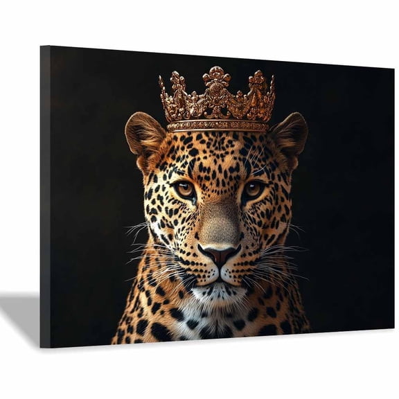Mudket Framed Leopard King with Gold Crown Canvas Wall Art, Leopard Print Room Decor for Men Office Bedroom, Trendy Animal Wall Art, Ready to Hang - 12"L x 8"W