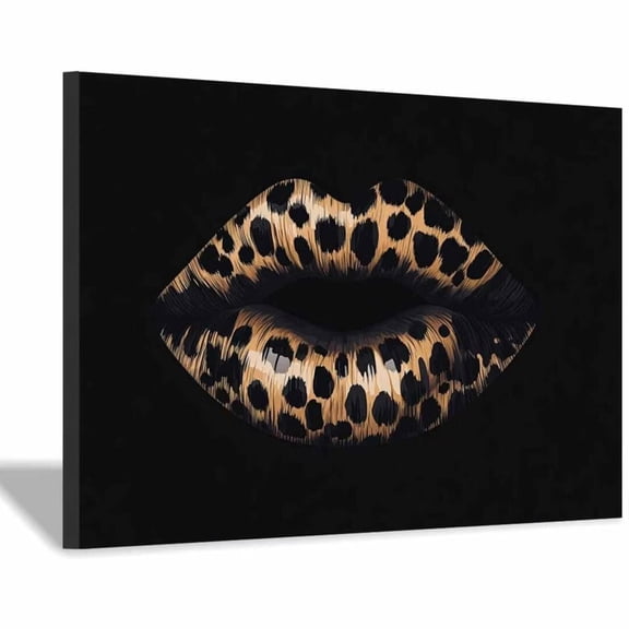 Mudket Framed Leopard Print Lips Canvas Wall Art, Trendy Leopard Print Wall Decor, Bold Fashion Animal Wall Art Ready to Hang - 36"L x 24"W