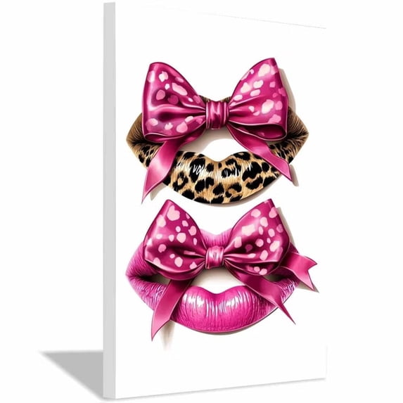 Mudket Framed Leopard Print Lips with Pink Bows Canvas Wall Art, Cute Trendy Wall Decor, Glamorous Art Ready to Hang for Girls Bedroom - 12"L x 8"W