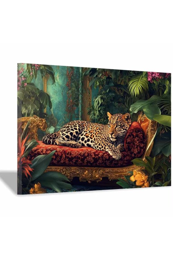 Mudket Framed Leopard on Red Velvet Chaise Canvas Wall Art, Jungle Leopard Print Living Room Decor, Trendy Animal Wall Art Ready to Hang - 40"L x 28"W