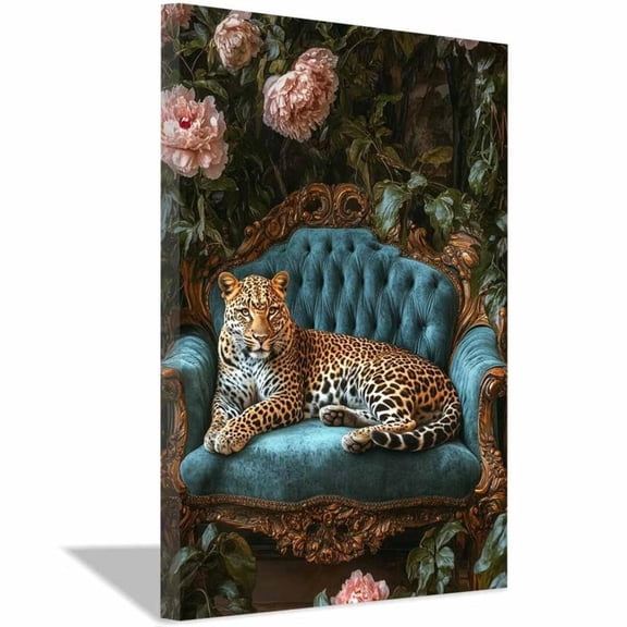 Mudket Framed Leopard on Teal Sofa Canvas Wall Art, Floral Jungle Animal Print Wall Decor, Vintage Style Art Ready to Hang for Living Room - 12"L x 8"W