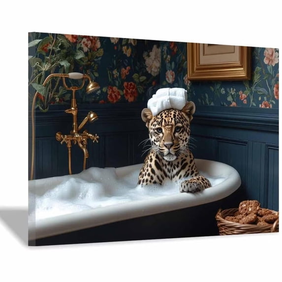 Mudket Framed Leopard with Towel in White Bathtub Canvas Wall Art, Cute Leopard Print Bathroom Decor, Funny Animal Wall Art Ready to Hang - 12"L x 8"W