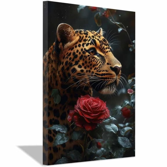 Mudket Framed Leopard and Red Rose Canvas Wall Art, Floral Leopard Print Wall Decor, Romantic Animal Art for Bedroom Living Room - 40"L x 28"W