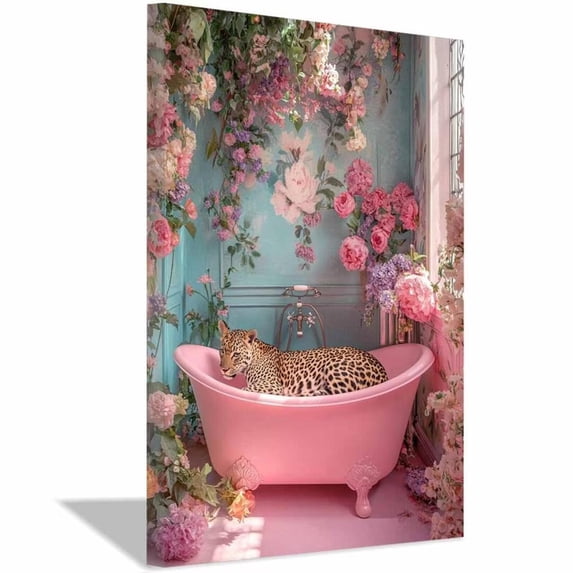 Mudket Framed Leopard in Pink Bathtub Canvas Wall Art, Floral Bathroom Wall Decor, Cute Trendy Art Ready to Hang for Girls Bathroom - 12"L x 8"W