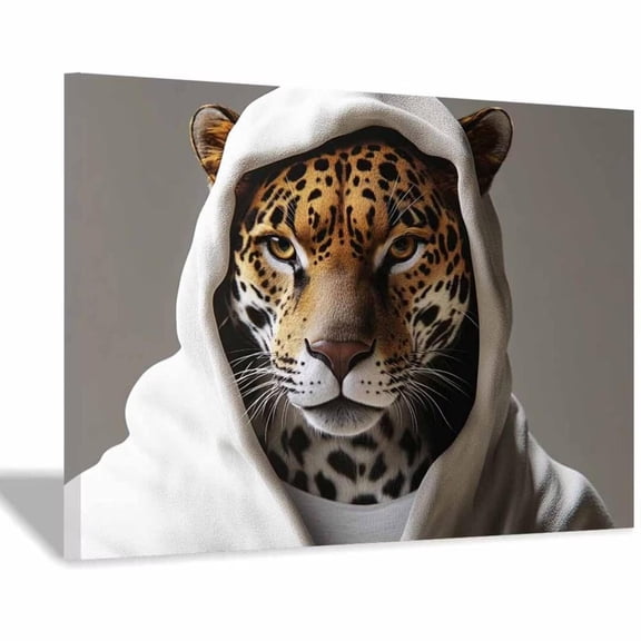 Mudket Framed image of a leopard wearing a hoodie, canvas wall decoration, leopard print wall decoration, minimalist animal wall art, ready to hang - 24"L x 16"W