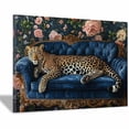 thumbnail image 1 of Mudket Framed Leopard on Blue Velvet Sofa Canvas Wall Art, Floral Leopard Print Living Room Decor, Vintage Animal Wall Art Ready to Hang - 12"L x 8"W, 1 of 10
