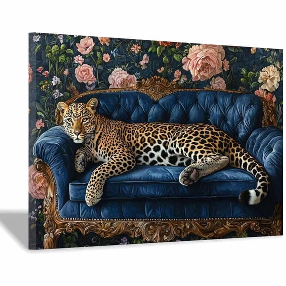 Mudket Framed Leopard on Blue Velvet Sofa Canvas Wall Art, Floral Leopard Print Living Room Decor, Vintage Animal Wall Art Ready to Hang - 12"L x 8"W