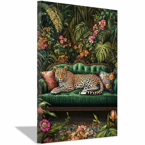 Mudket Framed Leopard on Green Sofa Canvas Wall Art, Jungle Floral Leopard Print, Animal Wall Decor for Living Room Bedroom - 30"L x 20"W
