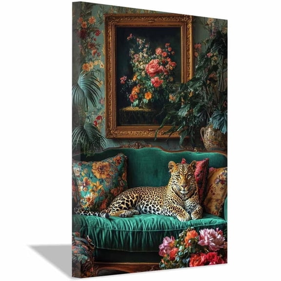 Mudket Framed Leopard on Green Sofa Canvas Wall Art, Vintage Floral Leopard Print, Trendy Animal Wall Decor for Living Room Bedroom - 12"L x 8"W