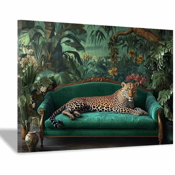 Mudket Framed Leopard on Green Velvet Sofa Canvas Wall Art, Jungle Leopard Print Living Room Decor, Wild Animal Wall Art Ready to Hang - 12"L x 8"W