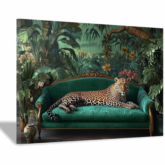 Mudket Framed Leopard on Green Velvet Sofa Canvas Wall Art, Jungle Leopard Print Living Room Decor, Wild Animal Wall Art Ready to Hang - 12"L x 8"W