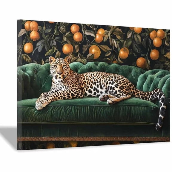 Mudket Framed Leopard on Green Velvet Sofa Canvas Wall Art, Luxury Leopard Print Living Room Decor, Wild Animal Wall Art Ready to Hang - 12"L x 8"W