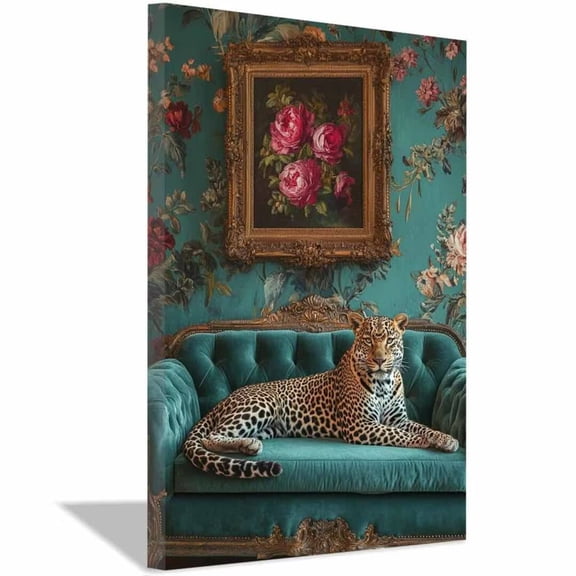 Mudket Framed Leopard on Green Velvet Sofa Canvas Wall Art, Vintage Floral Leopard Print, Animal Wall Decor for Living Room - 12"L x 8"W