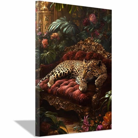 Mudket Framed Leopard on Red Sofa Canvas Wall Art, Vintage Floral Leopard Print, Animal Wall Decor for Living Room Bedroom - 12"L x 8"W