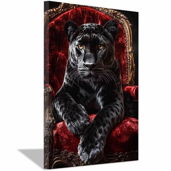 Mudket Framed Leopard on Red Throne Canvas Wall Art, Regal Wildlife Print Wall Decor, Ready to Hang for Men Living Room - 12"L x 8"W