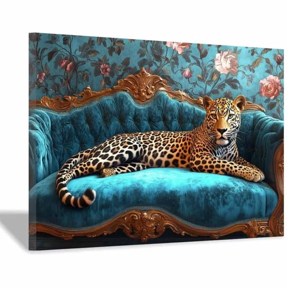 Mudket Framed Leopard on Teal Velvet Sofa Canvas Wall Art, Luxury Leopard Print Living Room Decor, Floral Animal Wall Art Ready to Hang - 12"L x 8"W