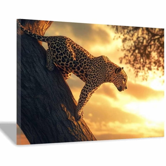 Mudket Framed Leopard on Tree at Sunset Canvas Wall Art, Leopard Print Wall Decor for Living Room, Wild Animal Poster Ready to Hang - 12"L x 8"W