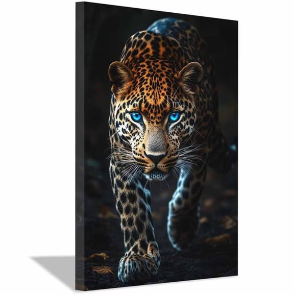 Mudket Framed Leopard with Blue Eyes Canvas Wall Art, Close-Up Wildlife Print Wall Decor, Art Ready to Hang for Office - 12"L x 8"W