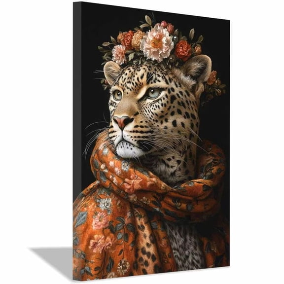 Mudket Framed Leopard with Flower Crown Canvas Wall Art, Floral Leopard Print, Elegant Animal Wall Decor for Women Bedroom Living Room - 12"L x 8"W